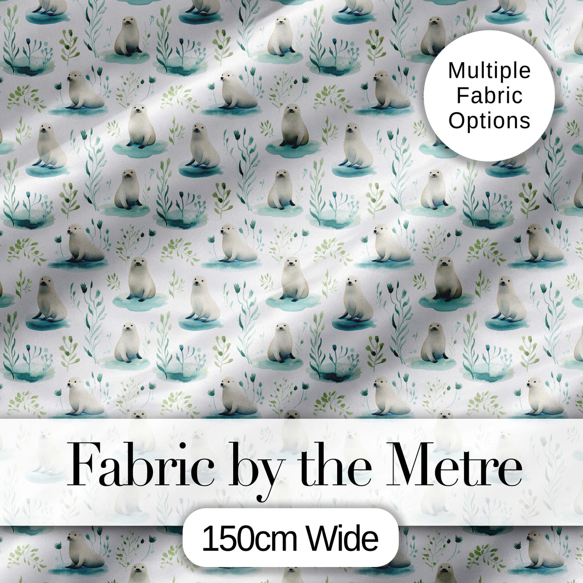 Cute Baby Seal Pups with Seaweed Soft Pastel Background Seamless Pattern Digital Print Fabric by the Metre UK Sewing Quilting Textile