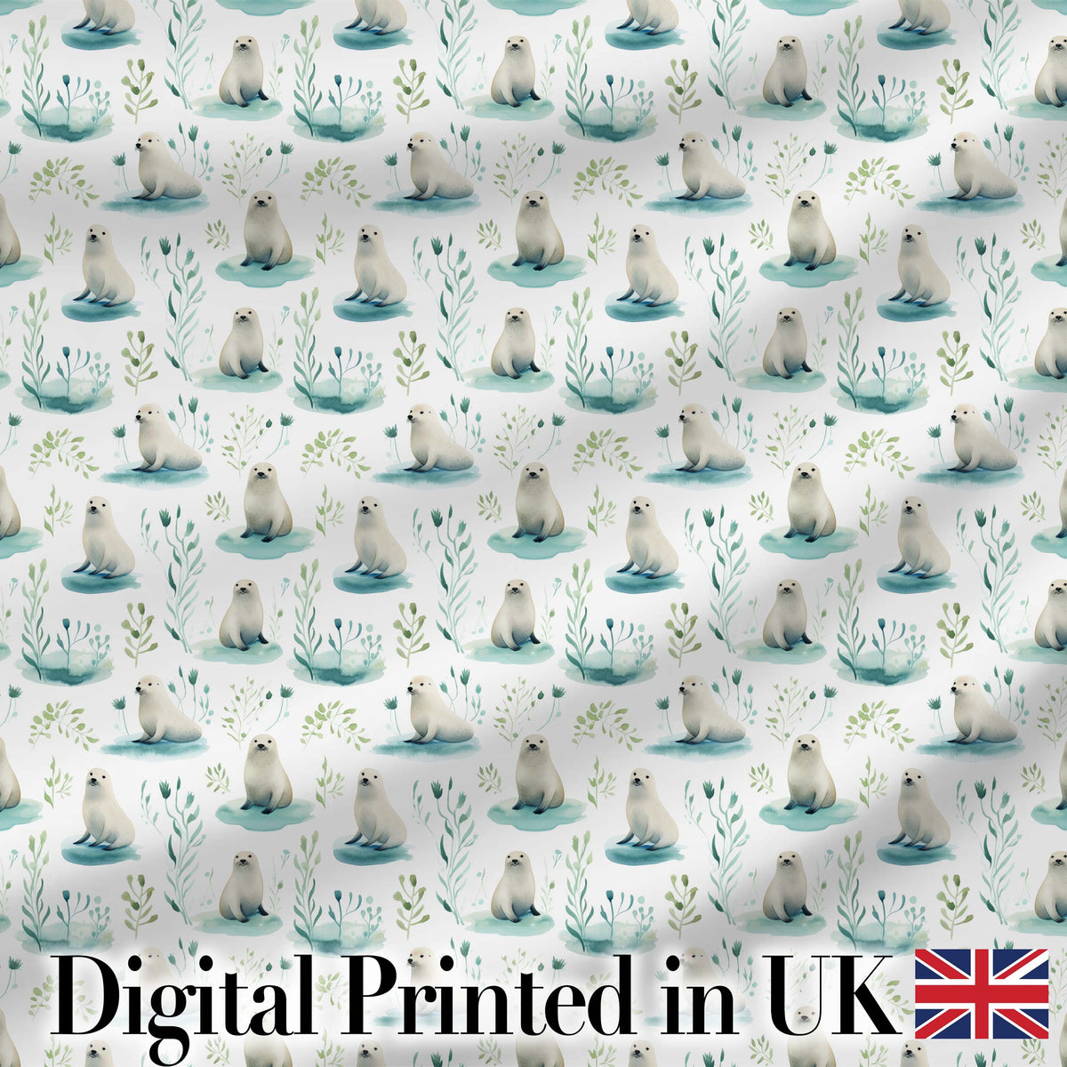 Cute Baby Seal Pups with Seaweed Soft Pastel Background Seamless Pattern Digital Print Fabric by the Metre UK Sewing Quilting Textile