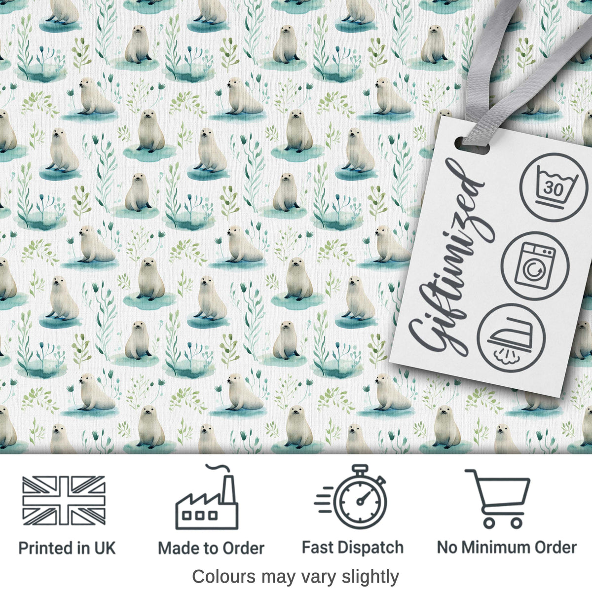 Cute Baby Seal Pups with Seaweed Soft Pastel Background Seamless Pattern Digital Print Fabric by the Metre UK Sewing Quilting Textile