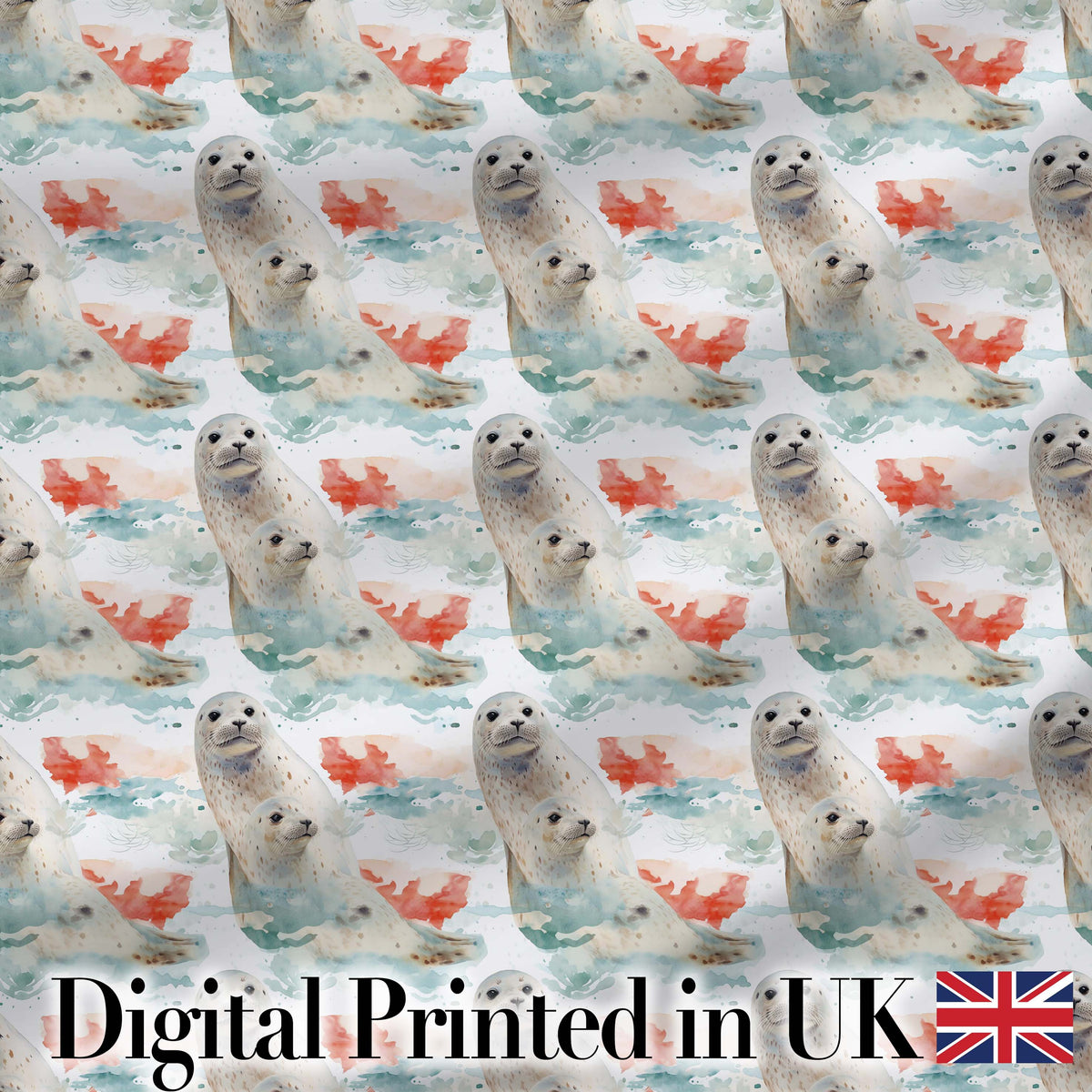 Watercolour Seal Pair with Soft Coral Splash Background Seamless Pattern Digital Print Fabric by the Metre UK Sewing Quilting Textile