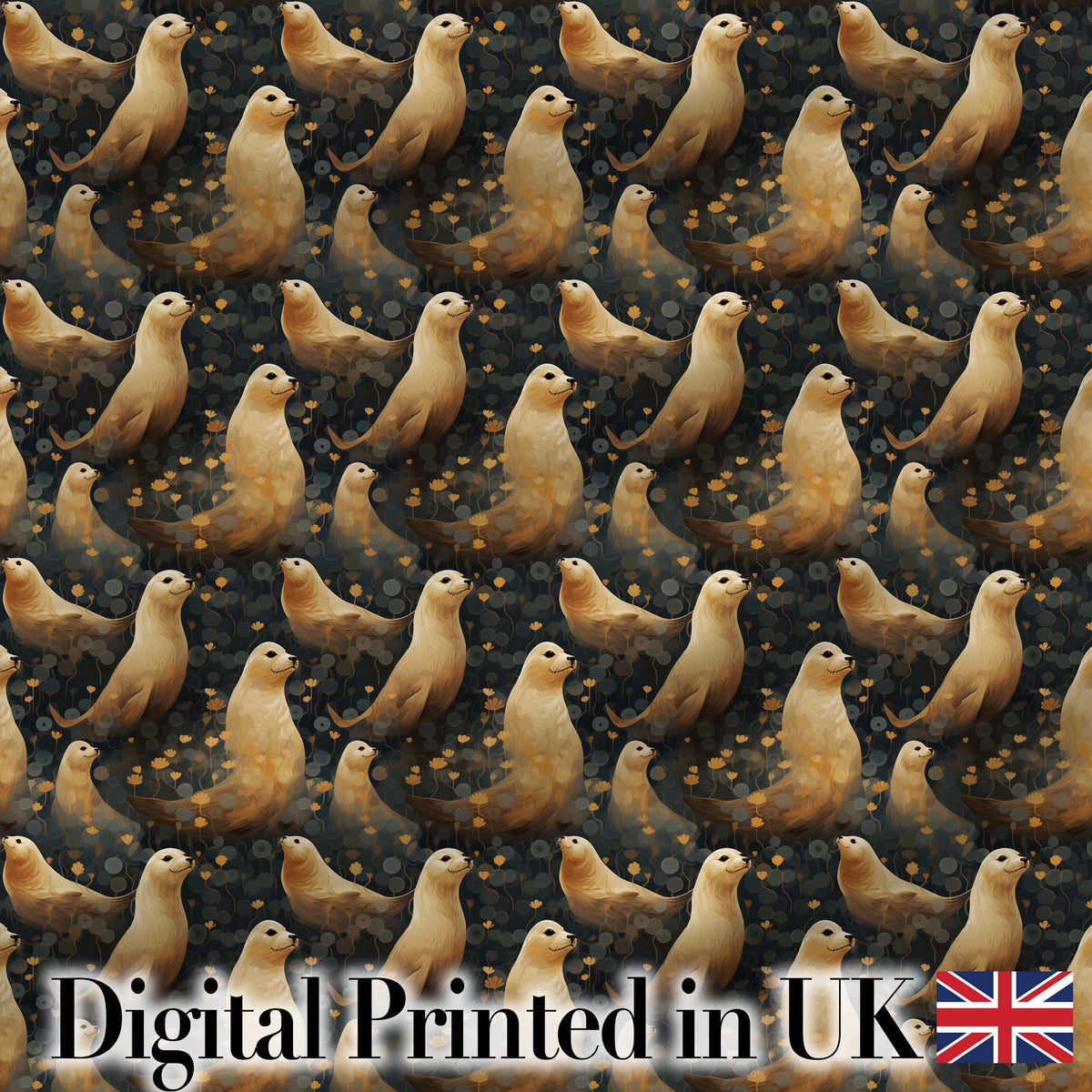Golden Glowing Seals with Floral Night Background Seamless Pattern Digital Print Fabric by the Metre UK Sewing Quilting Textile