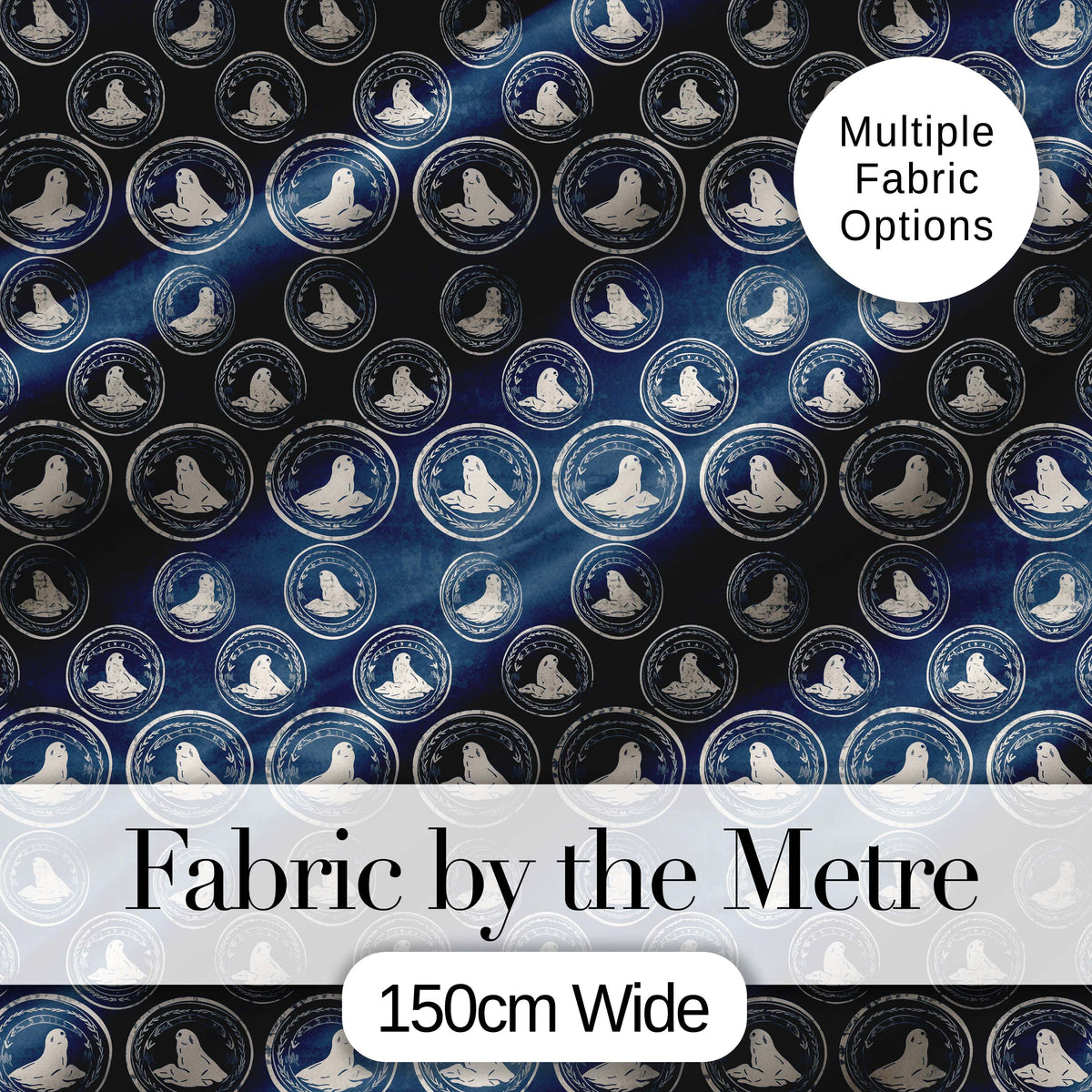 Vintage Style Seal Cameo Medallion Navy Classic Seamless Pattern Digital Print Fabric by the Metre UK Sewing Quilting Textile