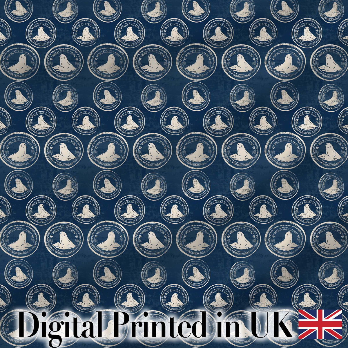 Vintage Style Seal Cameo Medallion Navy Classic Seamless Pattern Digital Print Fabric by the Metre UK Sewing Quilting Textile