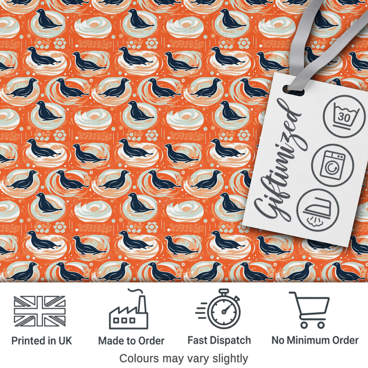 Modern Abstract Seal on Orange Wave Seamless Pattern Digital Print Fabric by the Metre UK Sewing Quilting Textile
