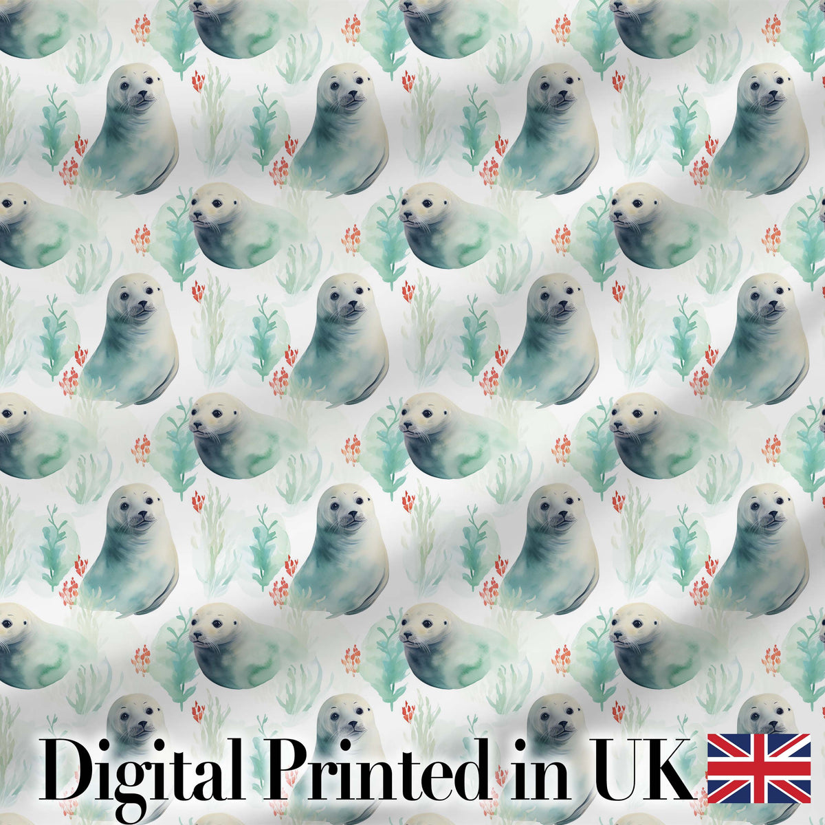 Painterly Seals Swimming in Deep Blue Ocean Artistic Seamless Pattern Digital Print Fabric by the Metre UK Sewing Quilting Textile
