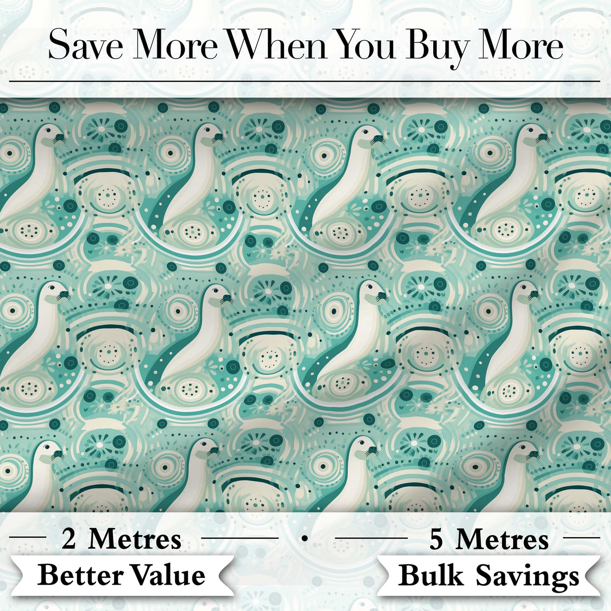 Decorative Stylised Seals with Swirl Ocean Motifs Teal Seamless Pattern Digital Print Fabric by the Metre UK Sewing Quilting Textile