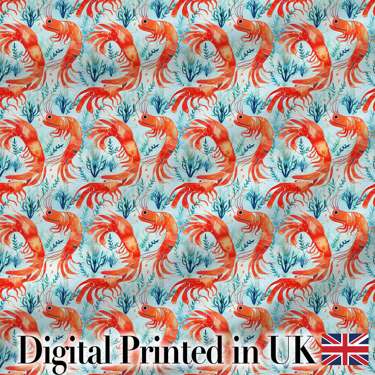 Cute LShrimp with Seaweed Botanical Design Seamless Pattern Digital Print Fabric by the Metre UK Sewing Quilting Textile