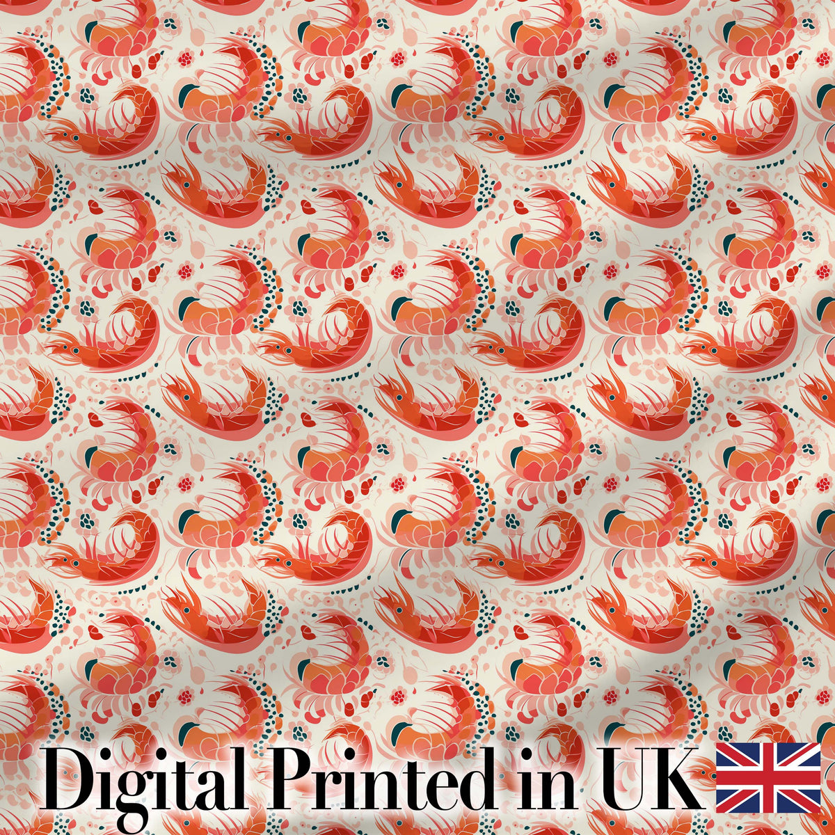 Stylised Coral Shrimp with Floral Elements Seamless Pattern Digital Print Fabric by the Metre UK Sewing Quilting Textile
