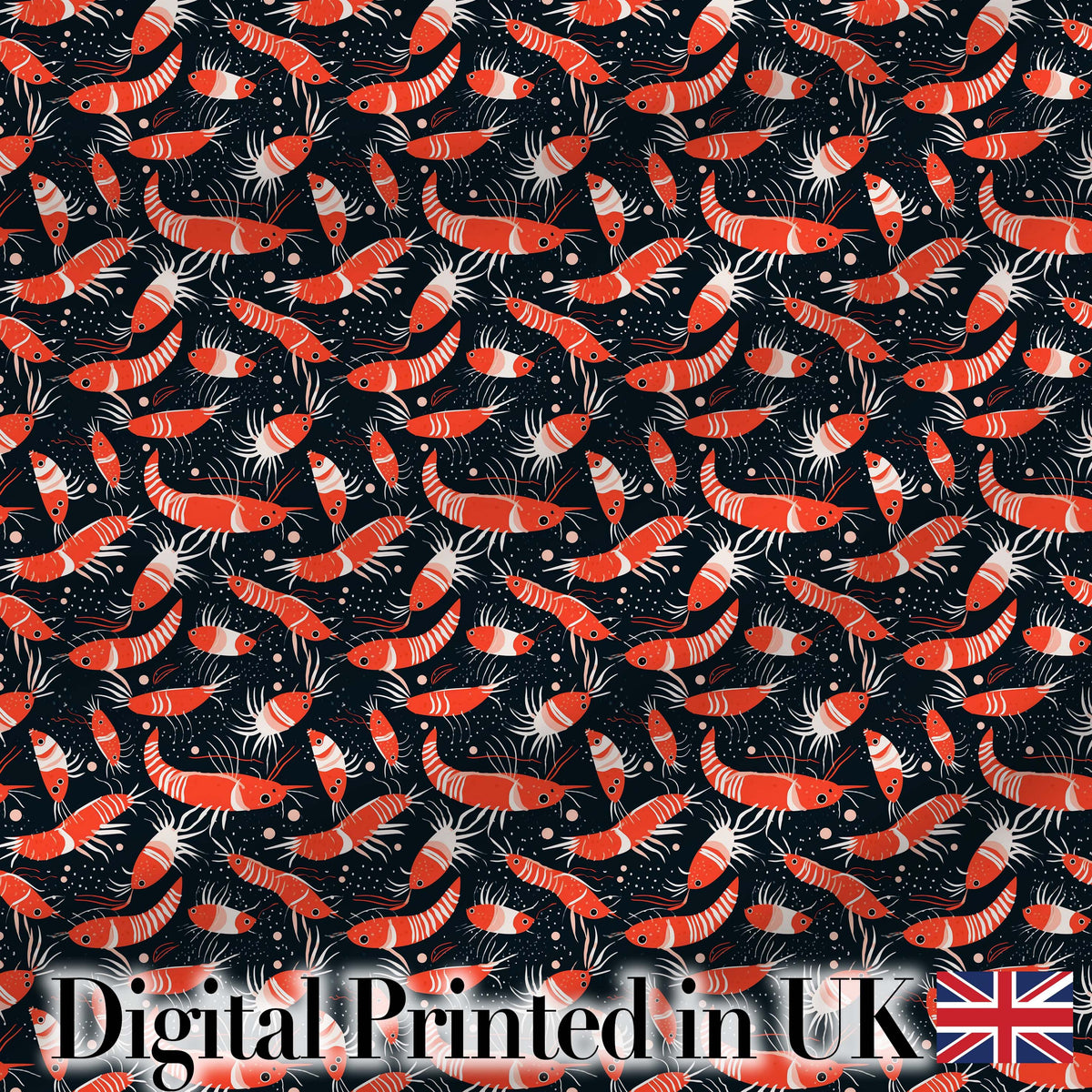 Graphic Red Shrimp on Dark Ocean Background Seamless Pattern Digital Print Fabric by the Metre UK Sewing Quilting Textile