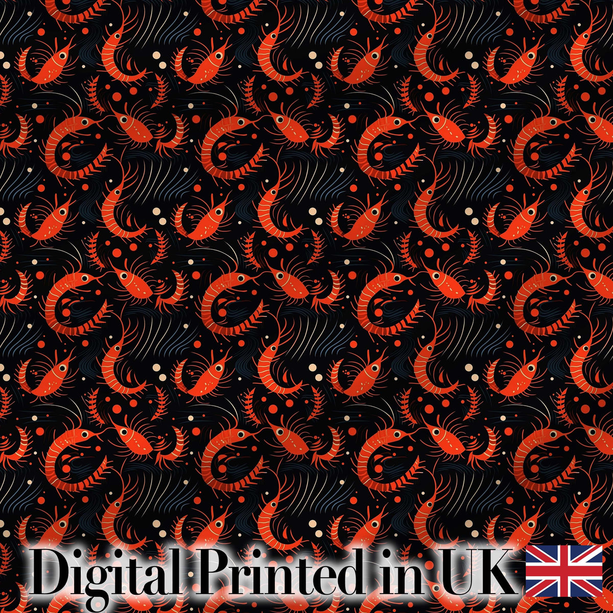Bold Red Shrimp on Black with Flowing Ocean Lines Seamless Pattern Digital Print Fabric by the Metre UK Sewing Quilting Textile