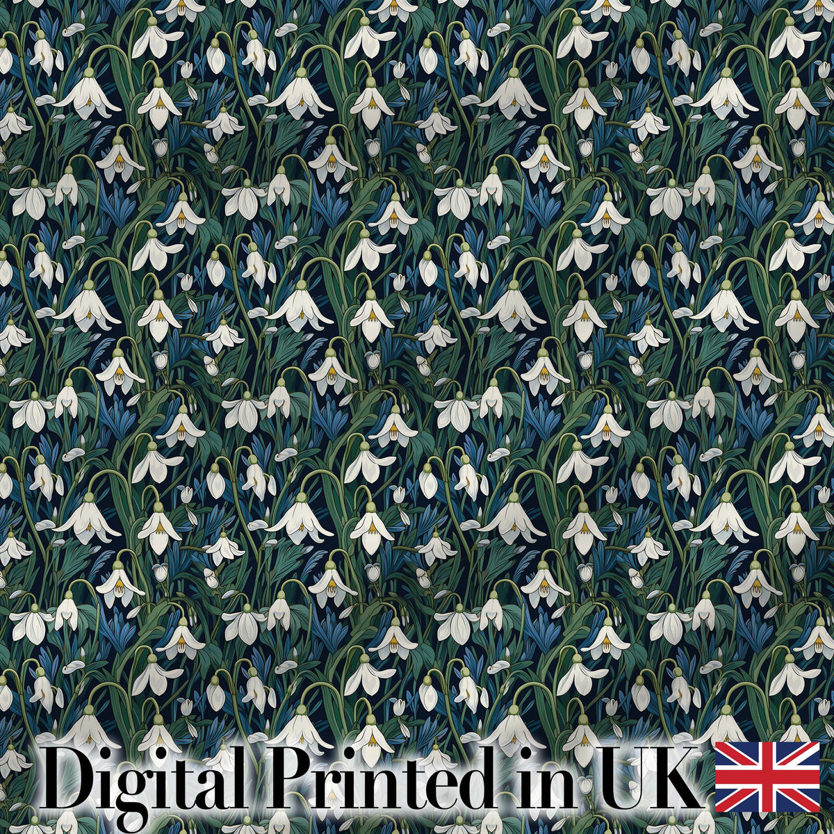 Elegant White Bell Flowers on Deep Botanical Background Seamless Pattern Digital Print Fabric by the Metre UK Sewing Quilting Textile