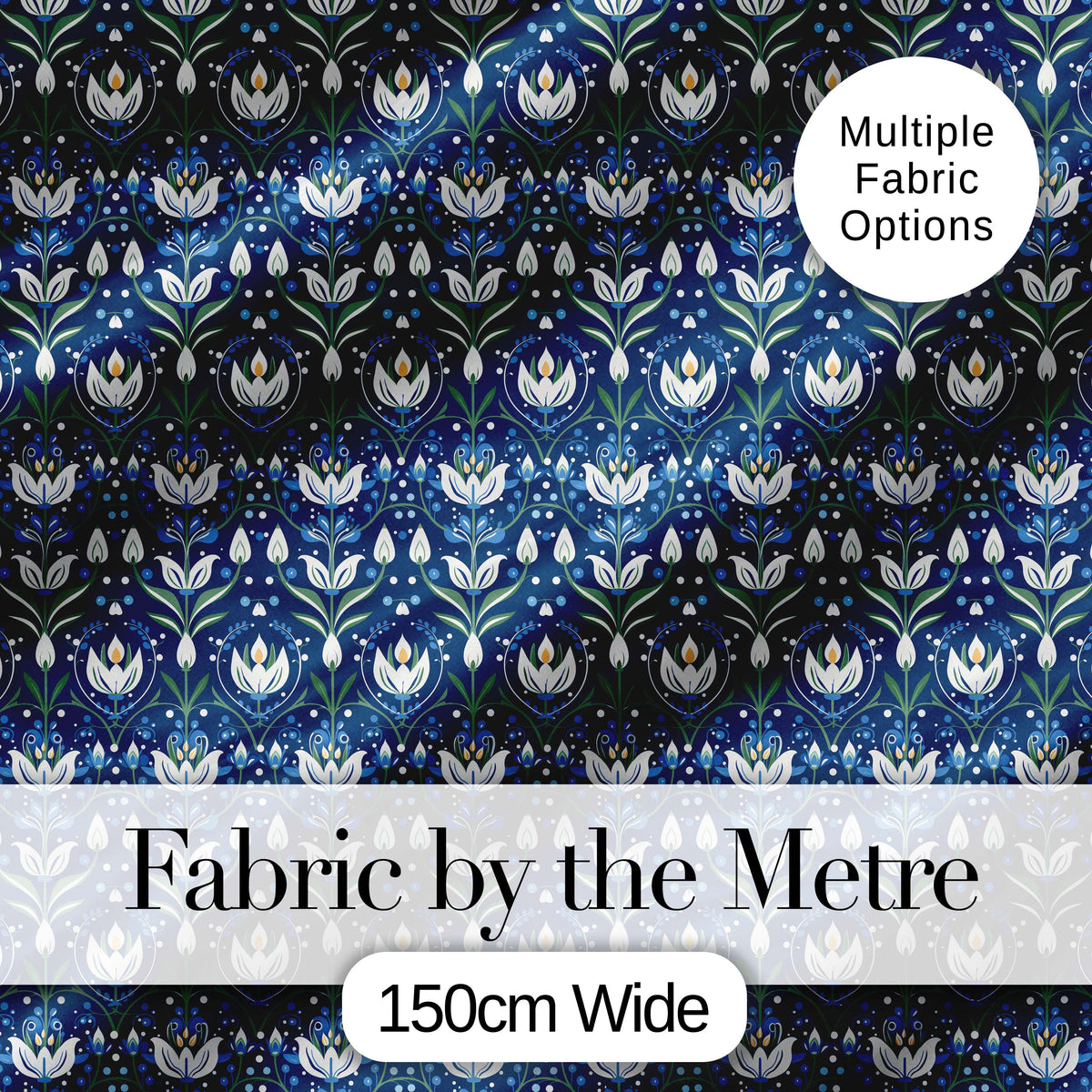 Symmetrical Blue Floral Folk Art Pattern with White Blooms Seamless Pattern Digital Print Fabric by the Metre UK Sewing Quilting Textile