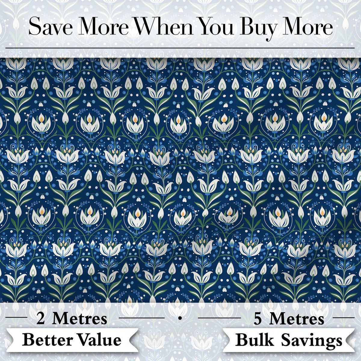 Symmetrical Blue Floral Folk Art Pattern with White Blooms Seamless Pattern Digital Print Fabric by the Metre UK Sewing Quilting Textile