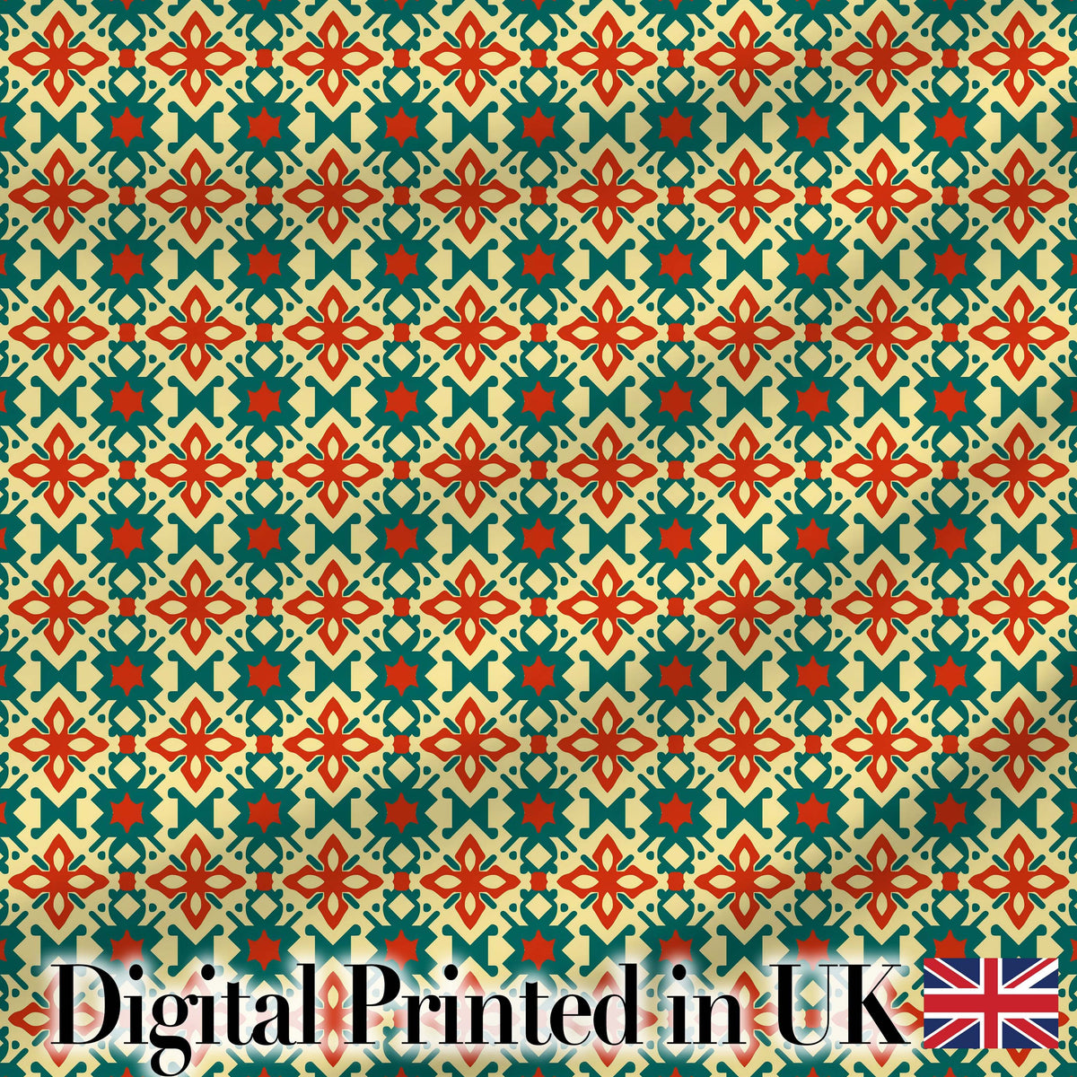Geometric Folk Tile Pattern in Teal and Red Seamless Pattern Digital Print Fabric by the Metre UK Sewing Quilting Textile