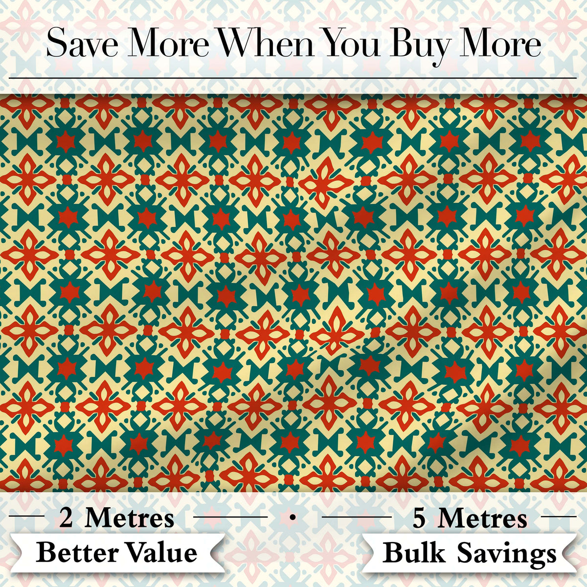 Geometric Folk Tile Pattern in Teal and Red Seamless Pattern Digital Print Fabric by the Metre UK Sewing Quilting Textile