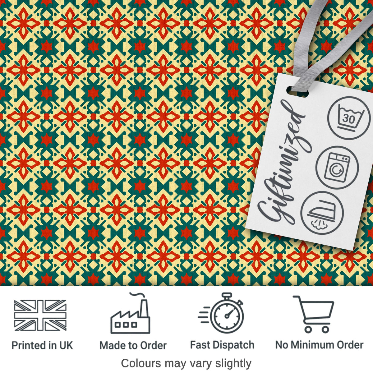 Geometric Folk Tile Pattern in Teal and Red Seamless Pattern Digital Print Fabric by the Metre UK Sewing Quilting Textile