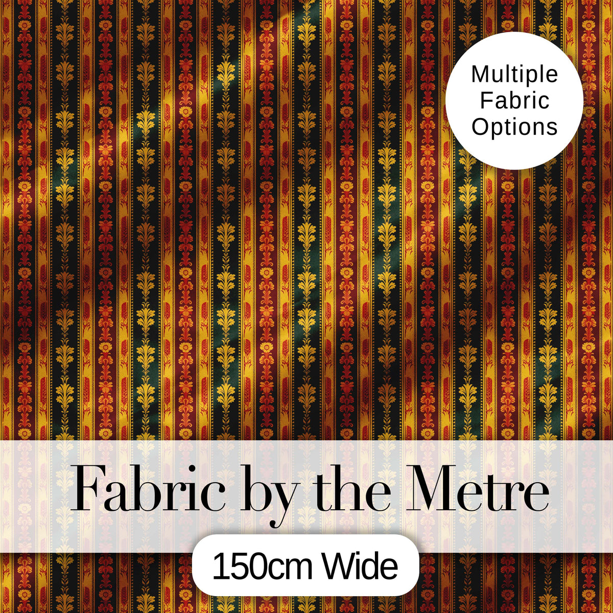 Ornate Vintage Stripe Floral Pattern in Red Gold and Green Seamless Pattern Digital Print Fabric by the Metre UK Sewing Quilting Textile