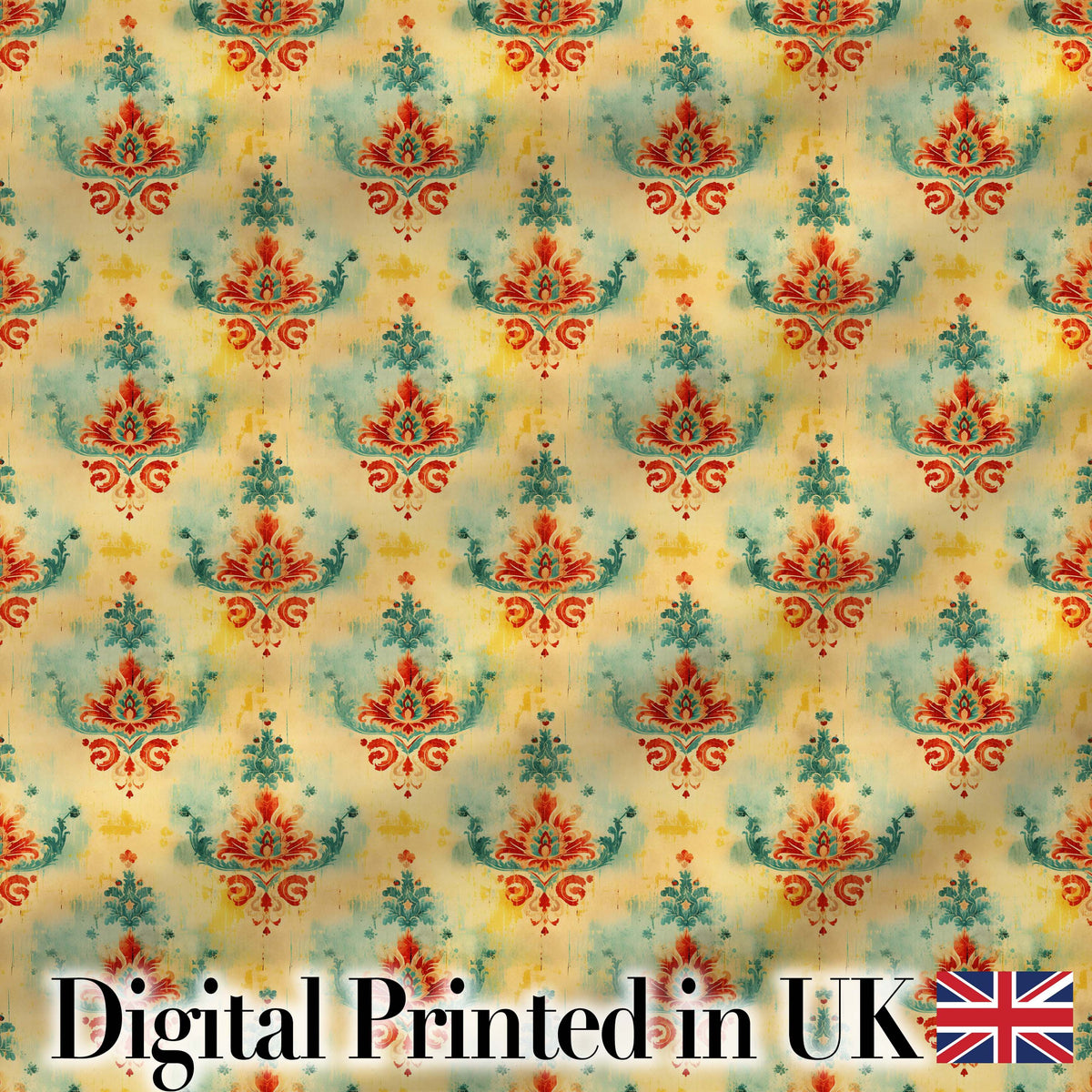 Vintage Distressed Damask Motif Pattern in Red Teal and Gold Digital Print Fabric by the Metre UK Sewing Quilting Textile