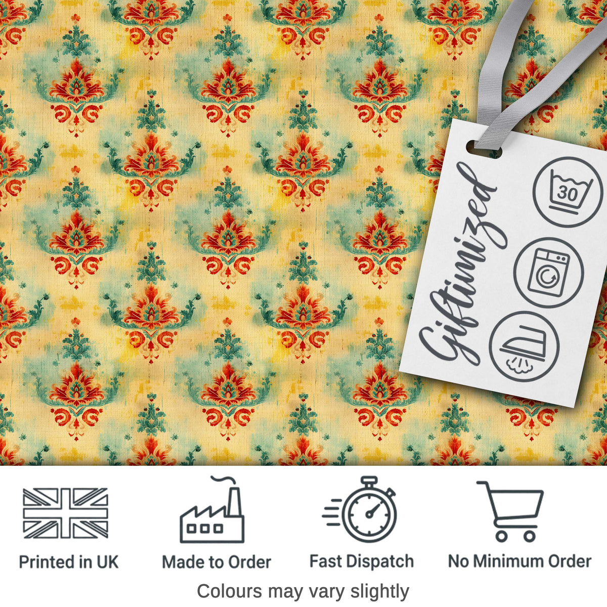 Vintage Distressed Damask Motif Pattern in Red Teal and Gold Digital Print Fabric by the Metre UK Sewing Quilting Textile