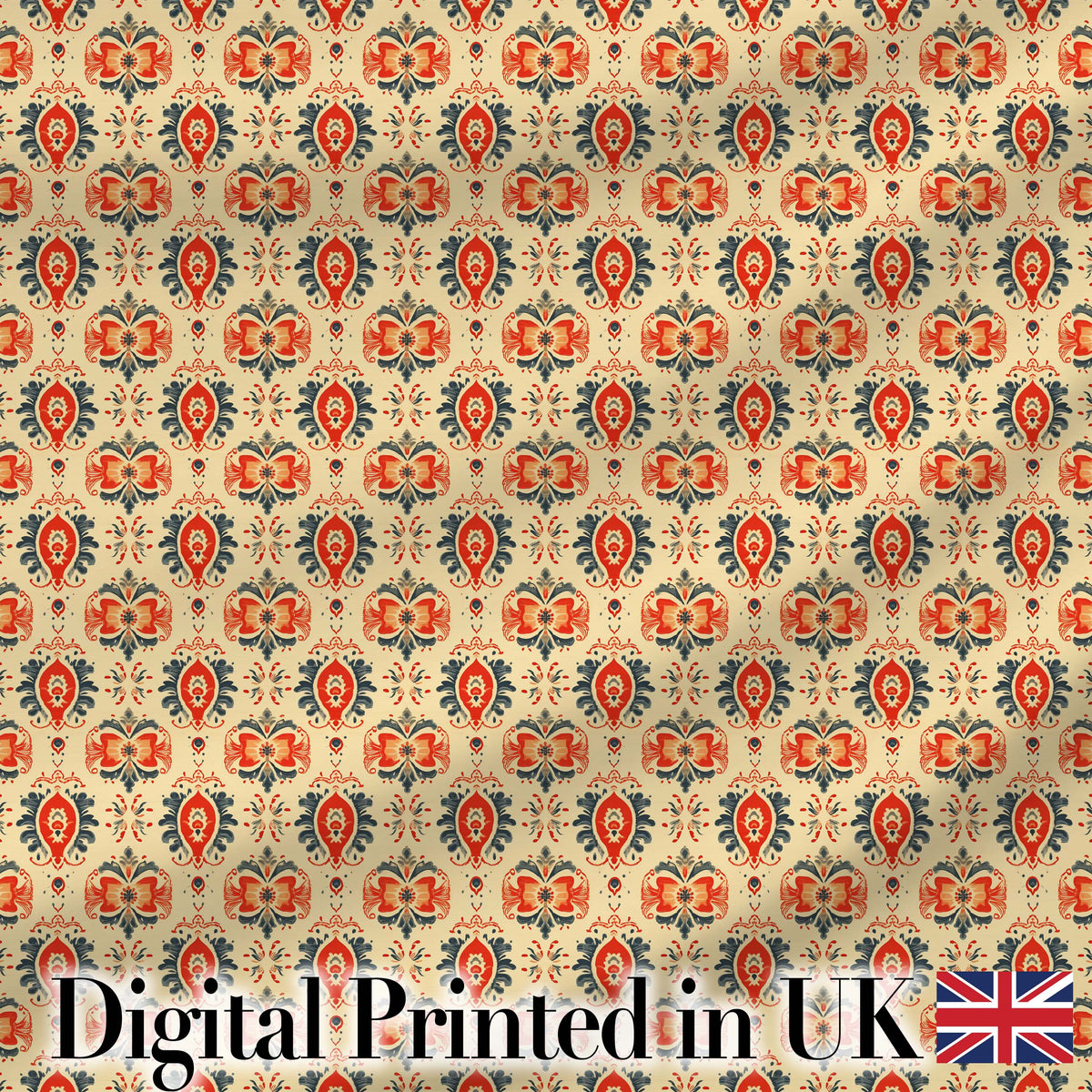 Ornamental Folk Floral Tile Pattern in Red Blue and Cream Digital Print Fabric by the Metre UK Sewing Quilting Textile