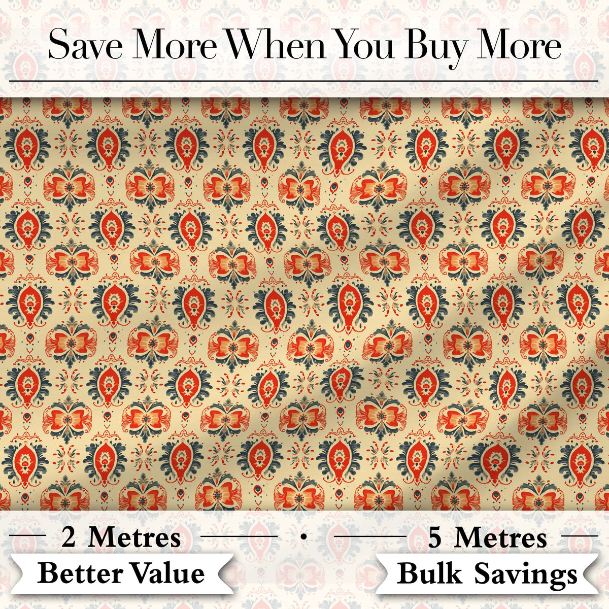 Ornamental Folk Floral Tile Pattern in Red Blue and Cream Digital Print Fabric by the Metre UK Sewing Quilting Textile