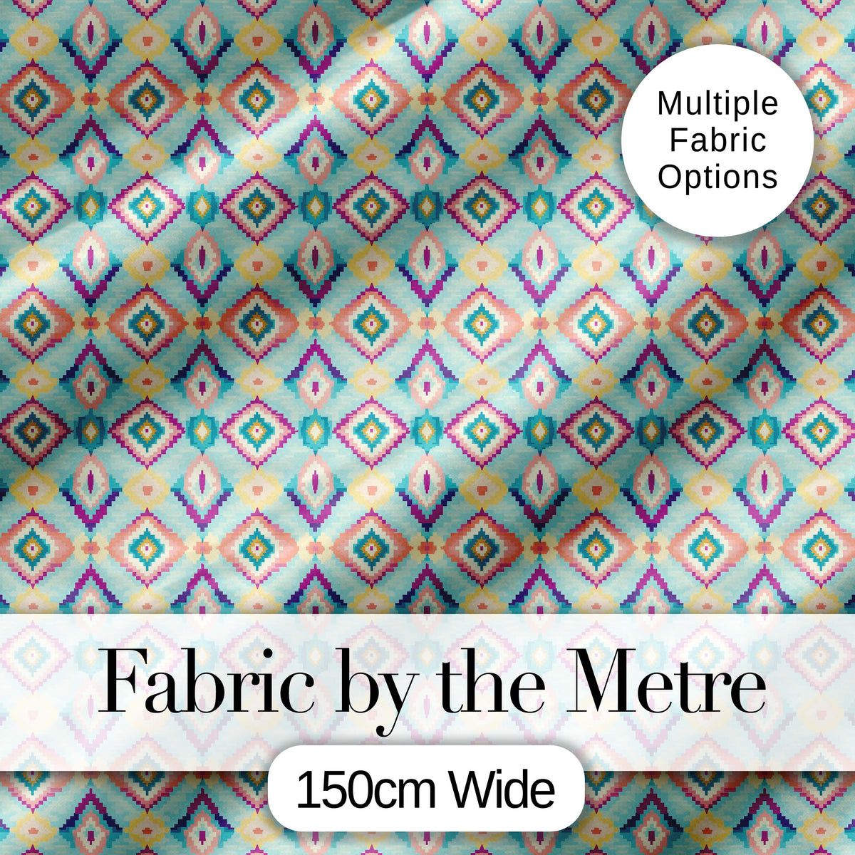 Pastel Geometric Diamond Ikat Pattern in Aqua Pink and Yellow Digital Print Fabric by the Metre UK Sewing Quilting Textile