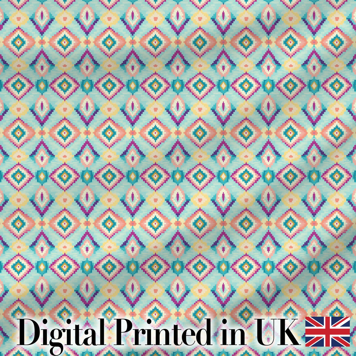 Pastel Geometric Diamond Ikat Pattern in Aqua Pink and Yellow Digital Print Fabric by the Metre UK Sewing Quilting Textile