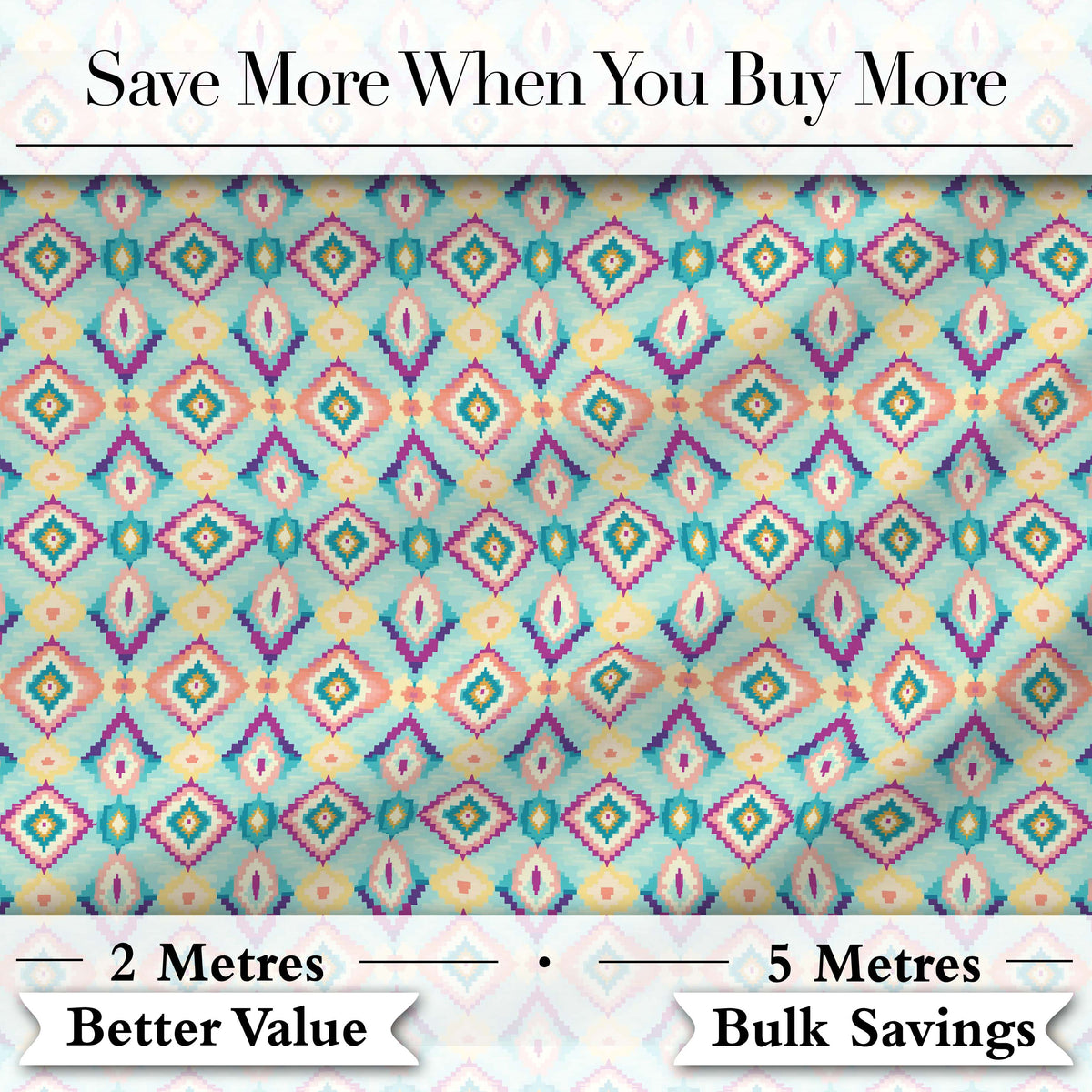 Pastel Geometric Diamond Ikat Pattern in Aqua Pink and Yellow Digital Print Fabric by the Metre UK Sewing Quilting Textile