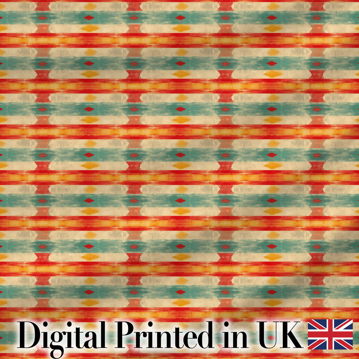 Distressed Horizontal Stripe Pattern in Coral Teal and Mustard Tones Digital Print Fabric by the Metre UK Sewing Quilting Textile