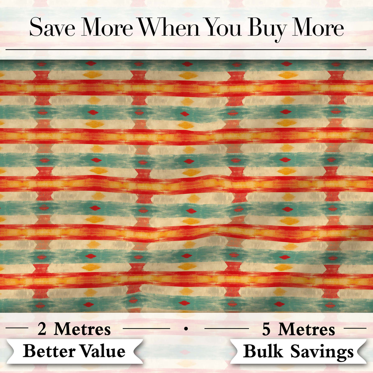 Distressed Horizontal Stripe Pattern in Coral Teal and Mustard Tones Digital Print Fabric by the Metre UK Sewing Quilting Textile