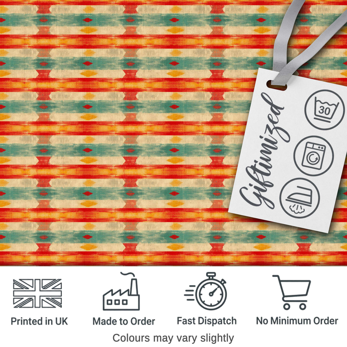 Distressed Horizontal Stripe Pattern in Coral Teal and Mustard Tones Digital Print Fabric by the Metre UK Sewing Quilting Textile