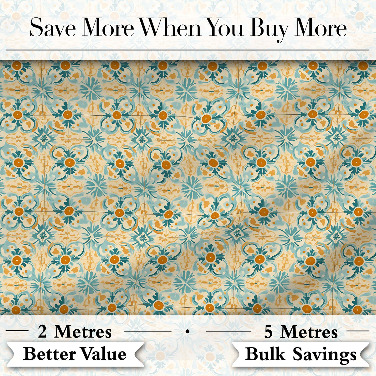 Vintage Ornamental Tile in Teal and Mustard on Distressed Beige Background Digital Print Fabric by the Metre UK Sewing Quilting Textile