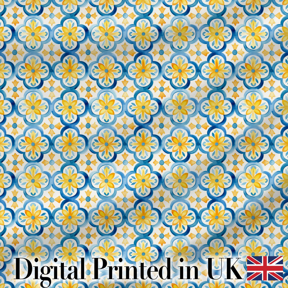 Blue and Yellow Mediterranean Tile Pattern with Floral Motifs Digital Print Fabric by the Metre UK Sewing Quilting Textile
