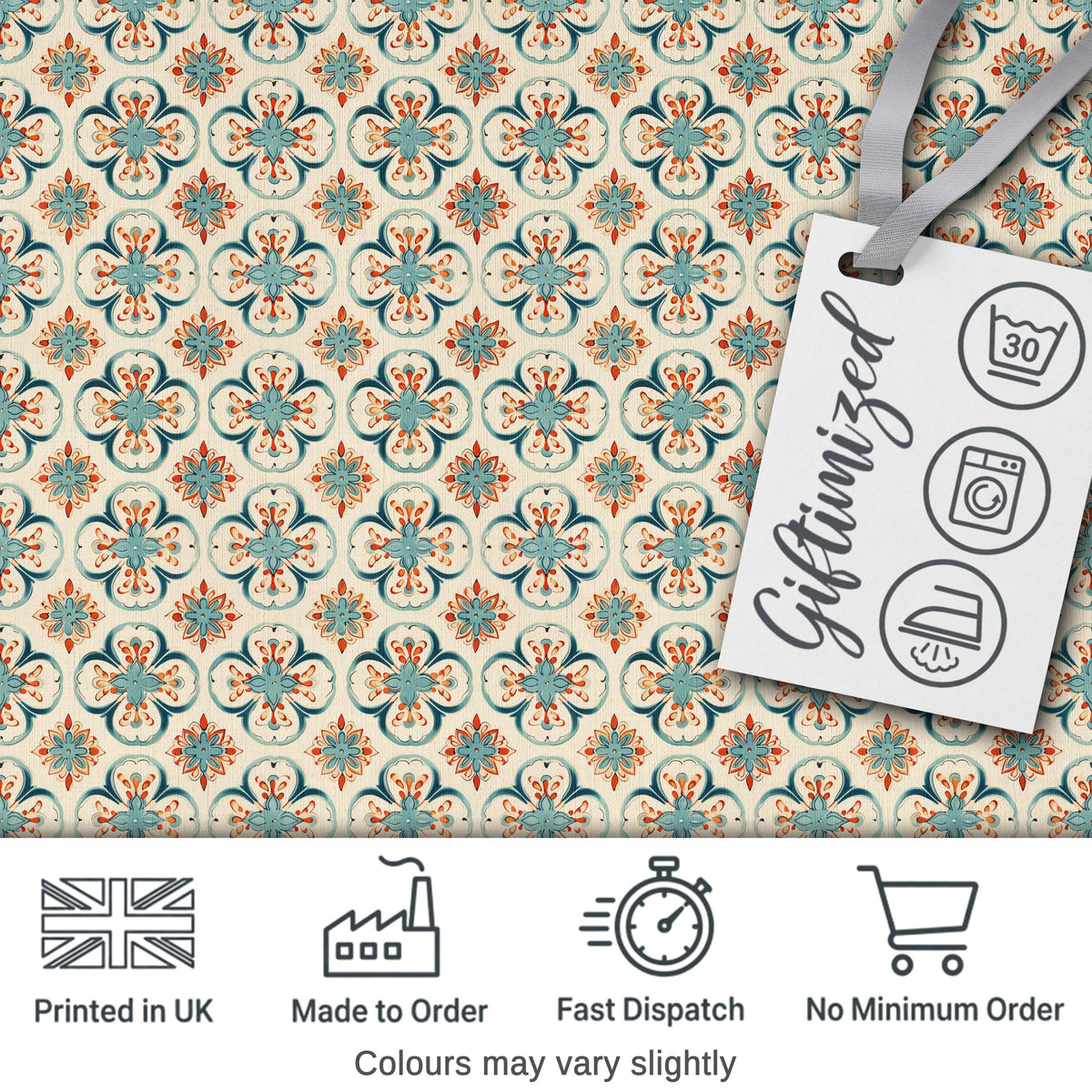 Soft Teal Floral Tile Pattern with Coral Accents on Neutral Background Digital Print Fabric by the Metre UK Sewing Quilting Textile