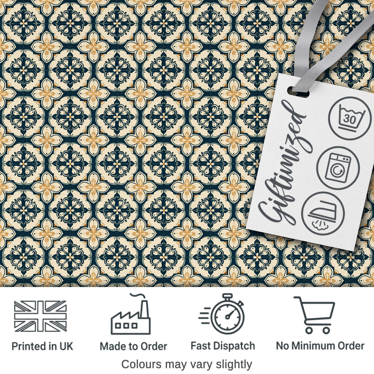 Classic Navy and Beige Decorative Tile Pattern with Symmetrical Motifs Digital Print Fabric by the Metre UK Sewing Quilting Textile