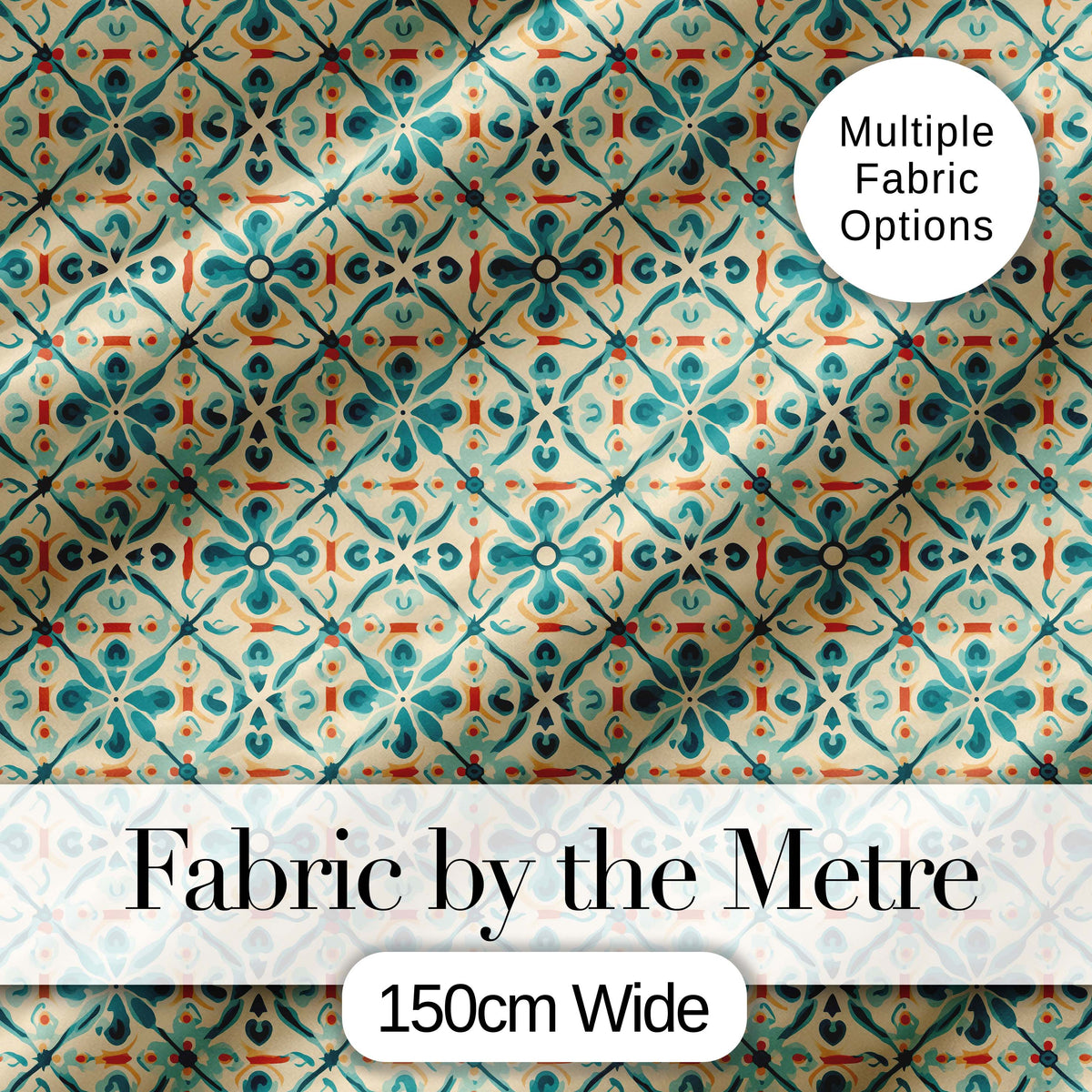 Teal and Coral Geometric Floral Tile Pattern on Warm Cream Background Digital Print Fabric by the Metre UK Sewing Quilting Textile