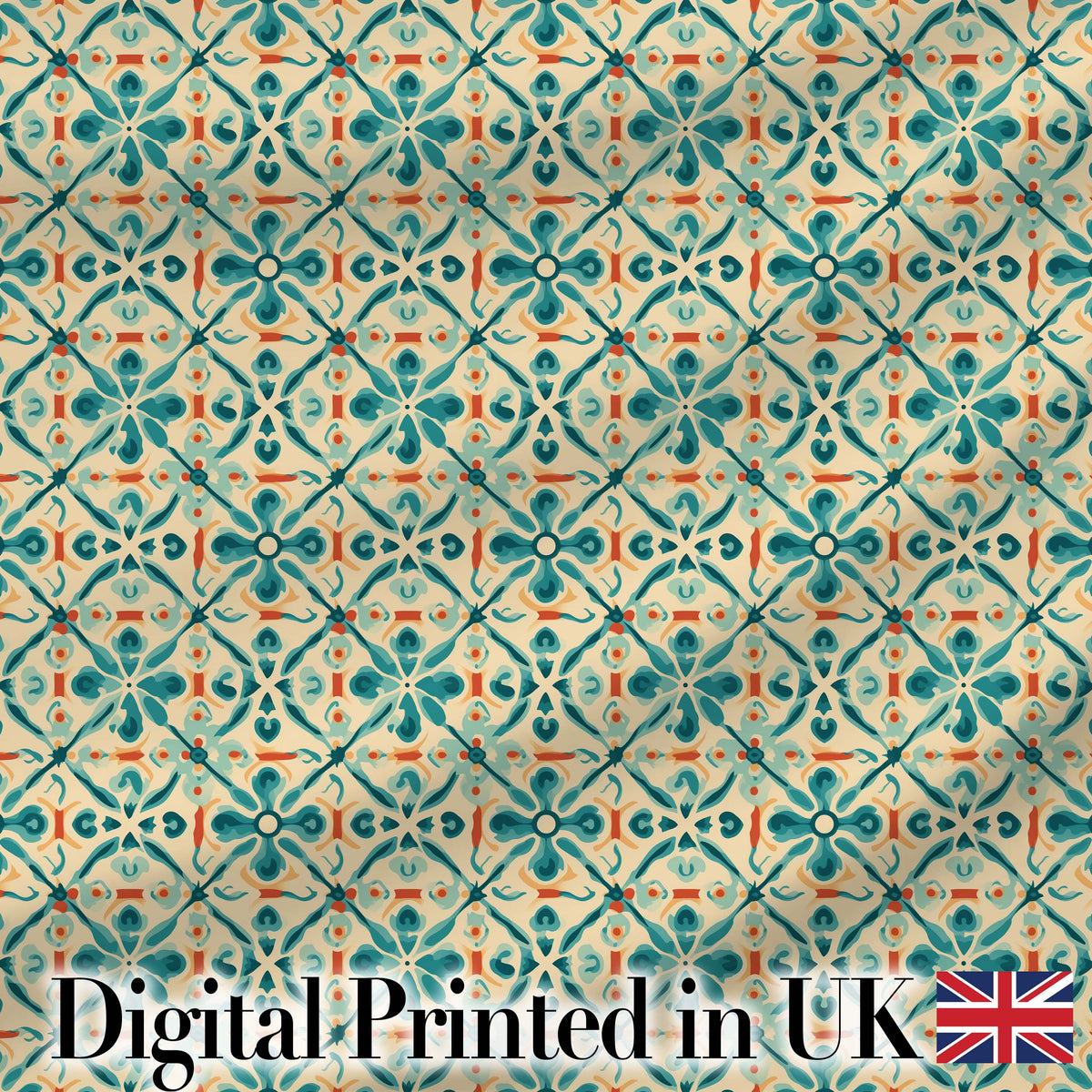 Teal and Coral Geometric Floral Tile Pattern on Warm Cream Background Digital Print Fabric by the Metre UK Sewing Quilting Textile
