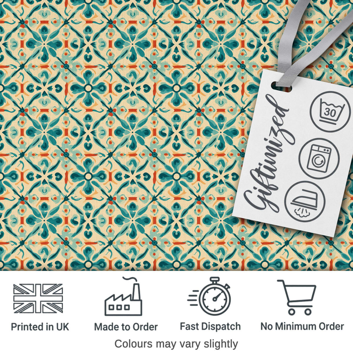 Teal and Coral Geometric Floral Tile Pattern on Warm Cream Background Digital Print Fabric by the Metre UK Sewing Quilting Textile