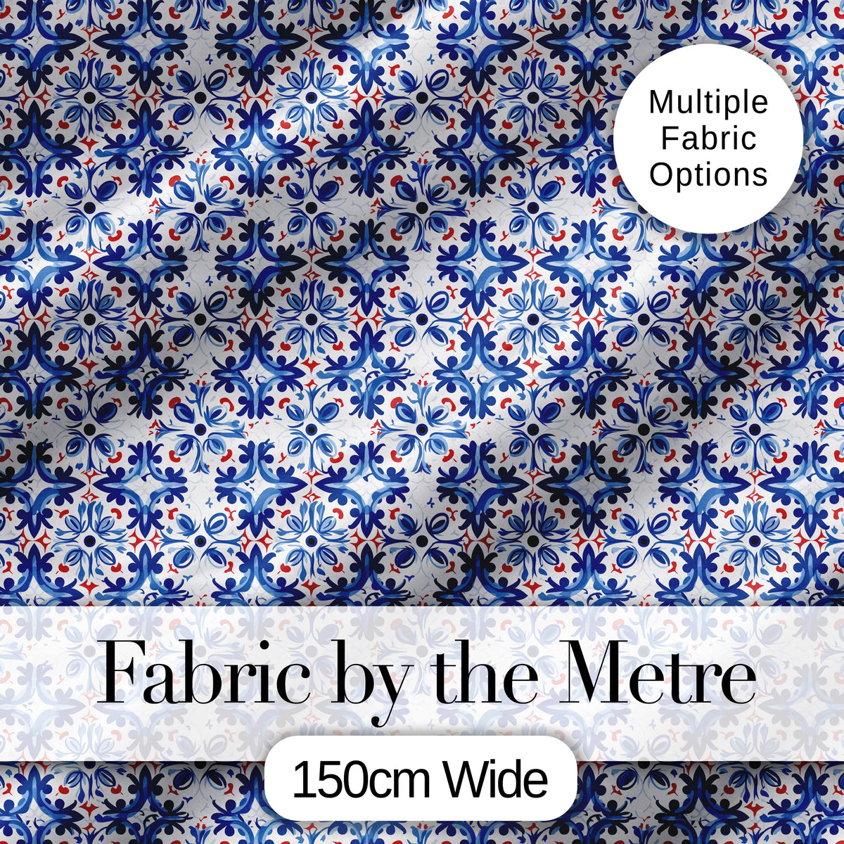Classic Blue Floral Portuguese Tile Pattern with Red Accents on White Digital Print Fabric by the Metre UK Sewing Quilting Textile