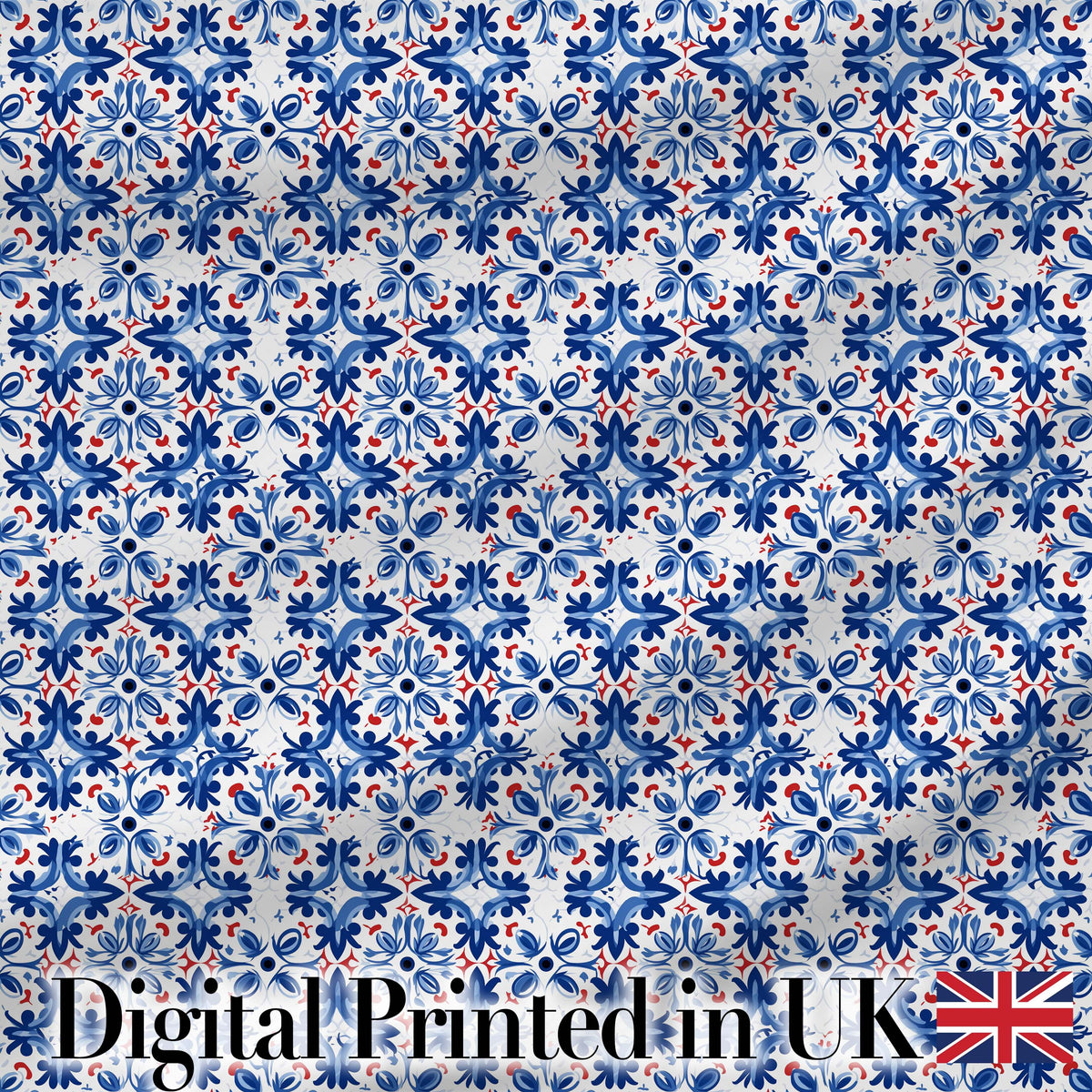 Classic Blue Floral Portuguese Tile Pattern with Red Accents on White Digital Print Fabric by the Metre UK Sewing Quilting Textile