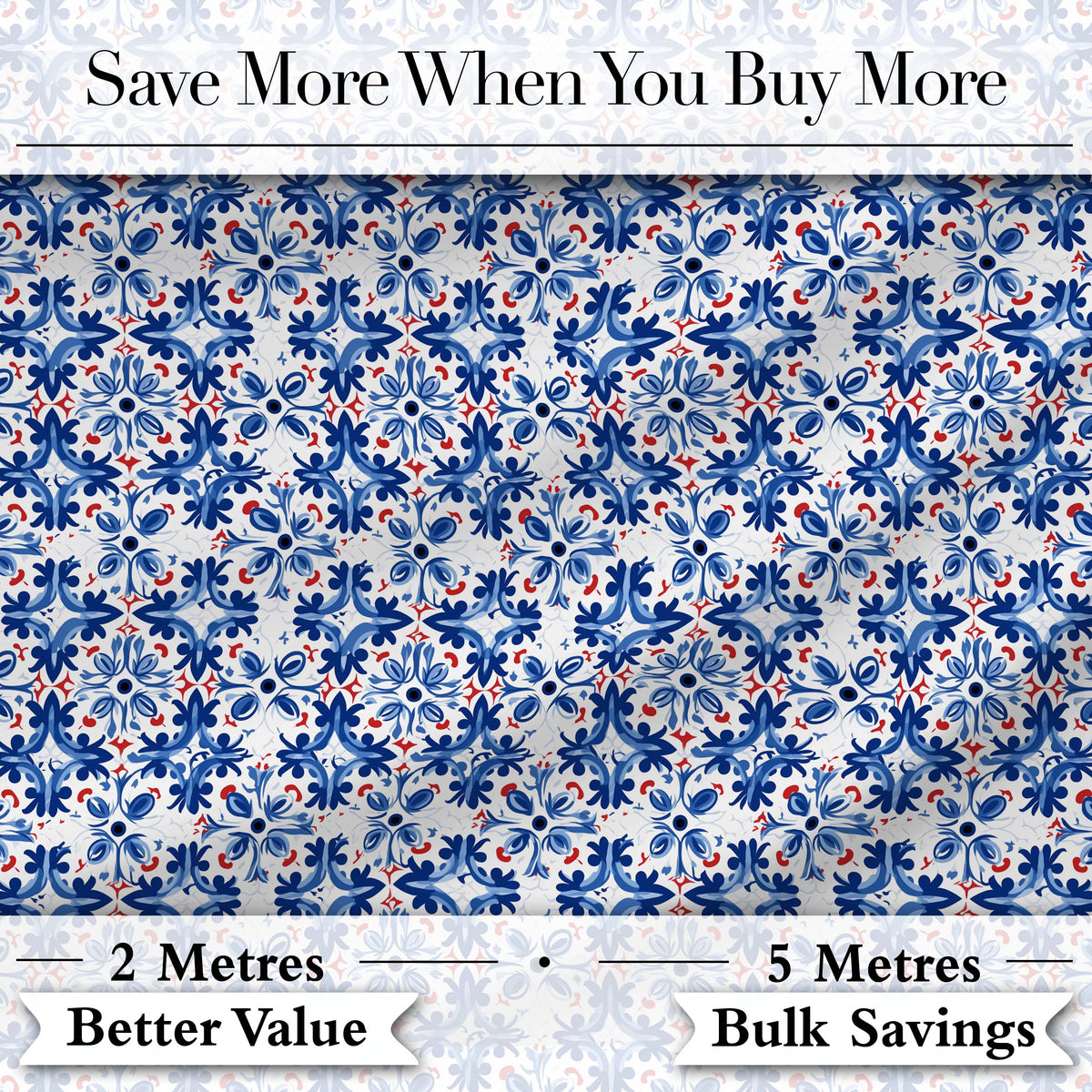 Classic Blue Floral Portuguese Tile Pattern with Red Accents on White Digital Print Fabric by the Metre UK Sewing Quilting Textile