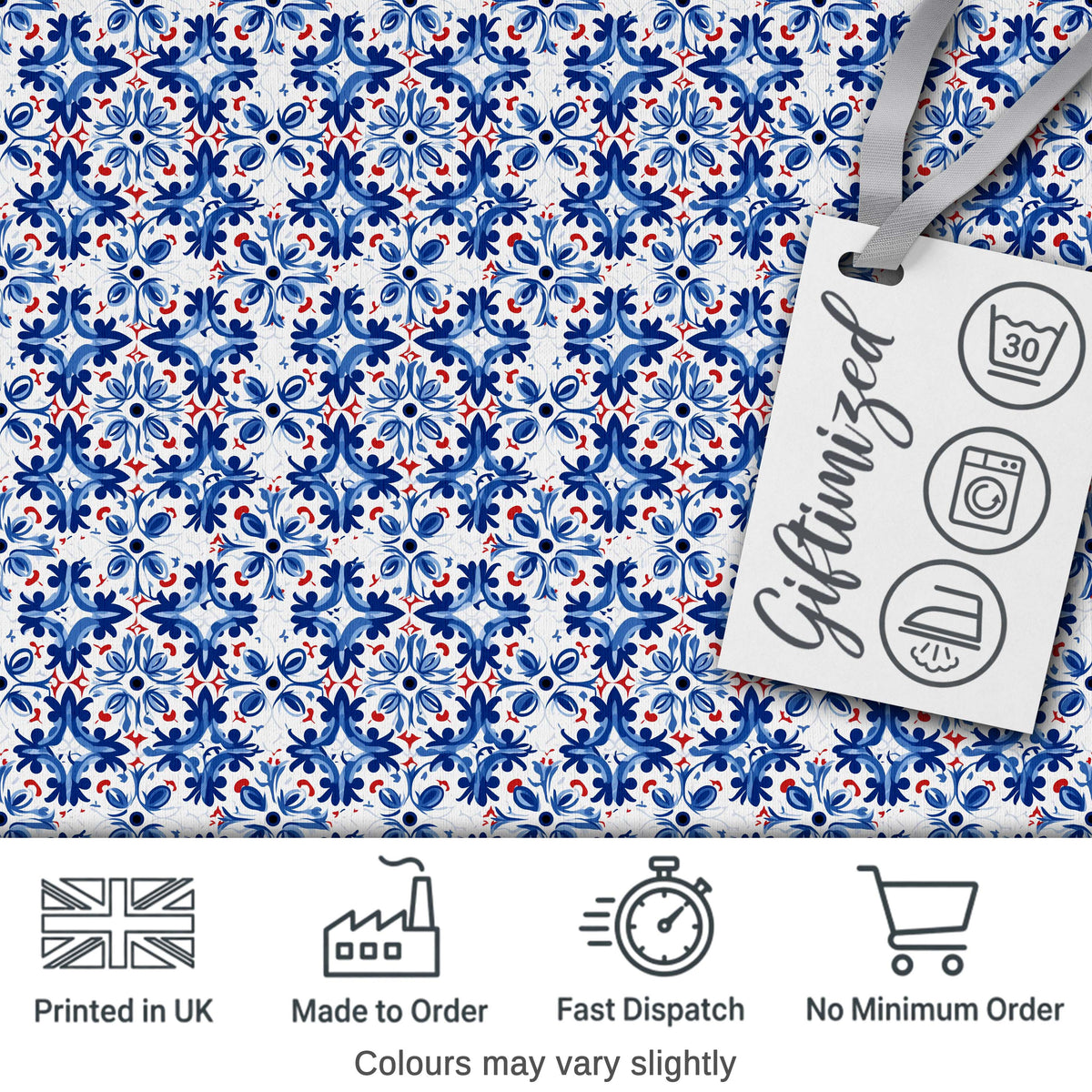 Classic Blue Floral Portuguese Tile Pattern with Red Accents on White Digital Print Fabric by the Metre UK Sewing Quilting Textile