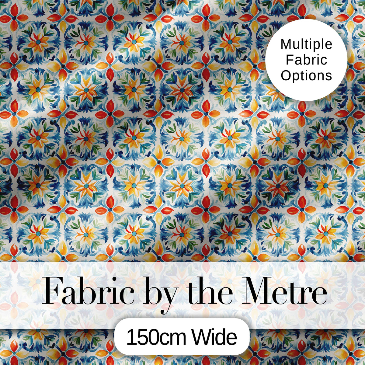 Vibrant Watercolour Floral Tile Pattern in Blue Orange and Yellow Tones Digital Print Fabric by the Metre UK Sewing Quilting Textile
