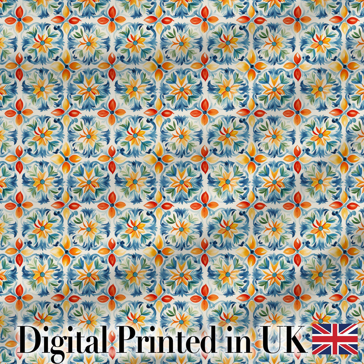 Vibrant Watercolour Floral Tile Pattern in Blue Orange and Yellow Tones Digital Print Fabric by the Metre UK Sewing Quilting Textile
