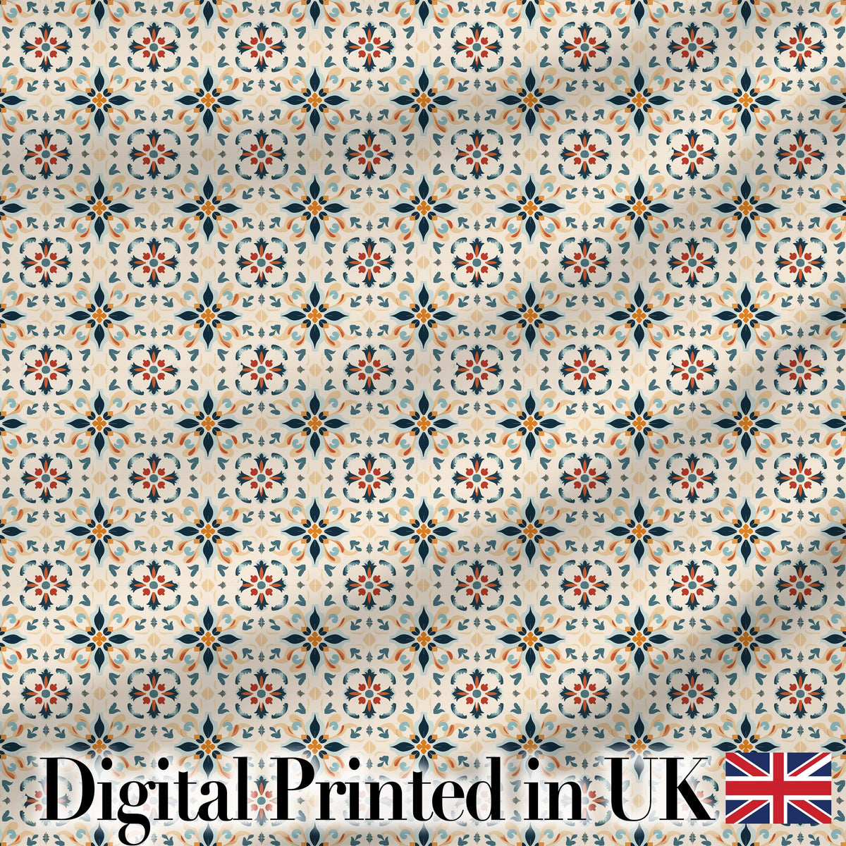 Elegant Neutral Tile Pattern with Navy Blue and Terracotta Floral Motifs Digital Print Fabric by the Metre UK Sewing Quilting Textile