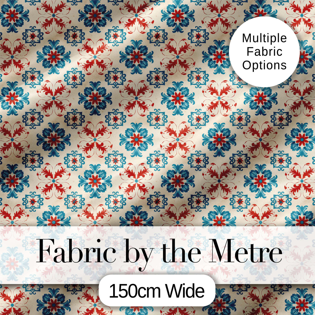 Teal and Red Folk Floral Tile Pattern with Decorative Motifs on Warm Cream Digital Print Fabric by the Metre UK Sewing Quilting Textile