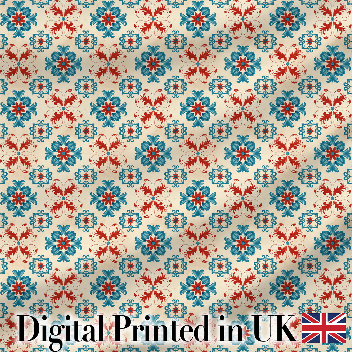 Teal and Red Folk Floral Tile Pattern with Decorative Motifs on Warm Cream Digital Print Fabric by the Metre UK Sewing Quilting Textile