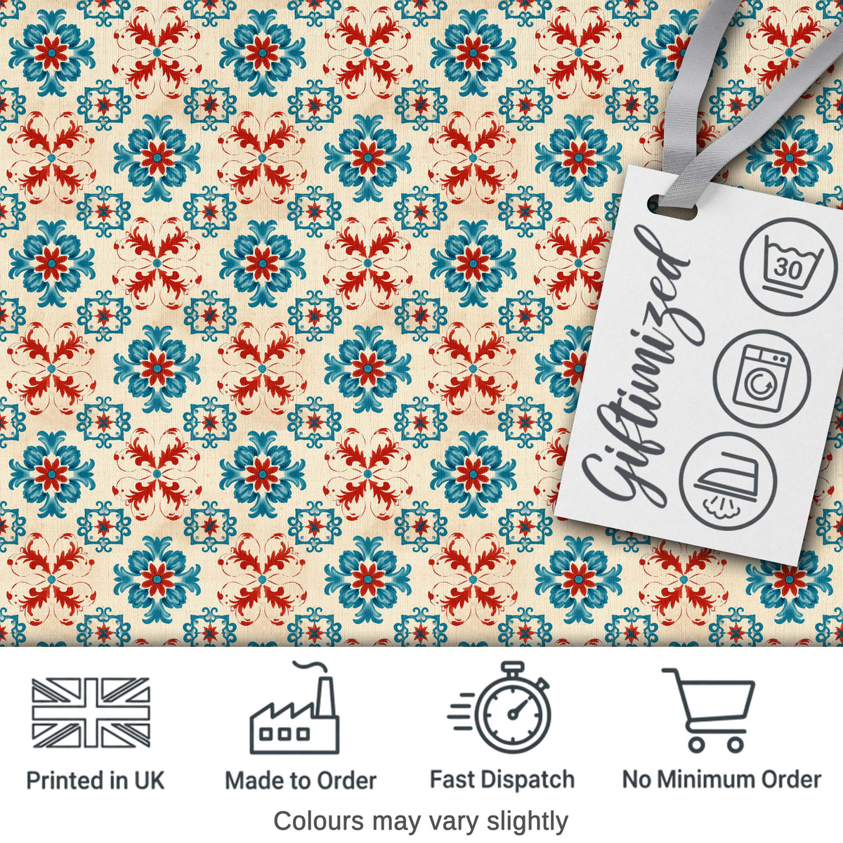 Teal and Red Folk Floral Tile Pattern with Decorative Motifs on Warm Cream Digital Print Fabric by the Metre UK Sewing Quilting Textile