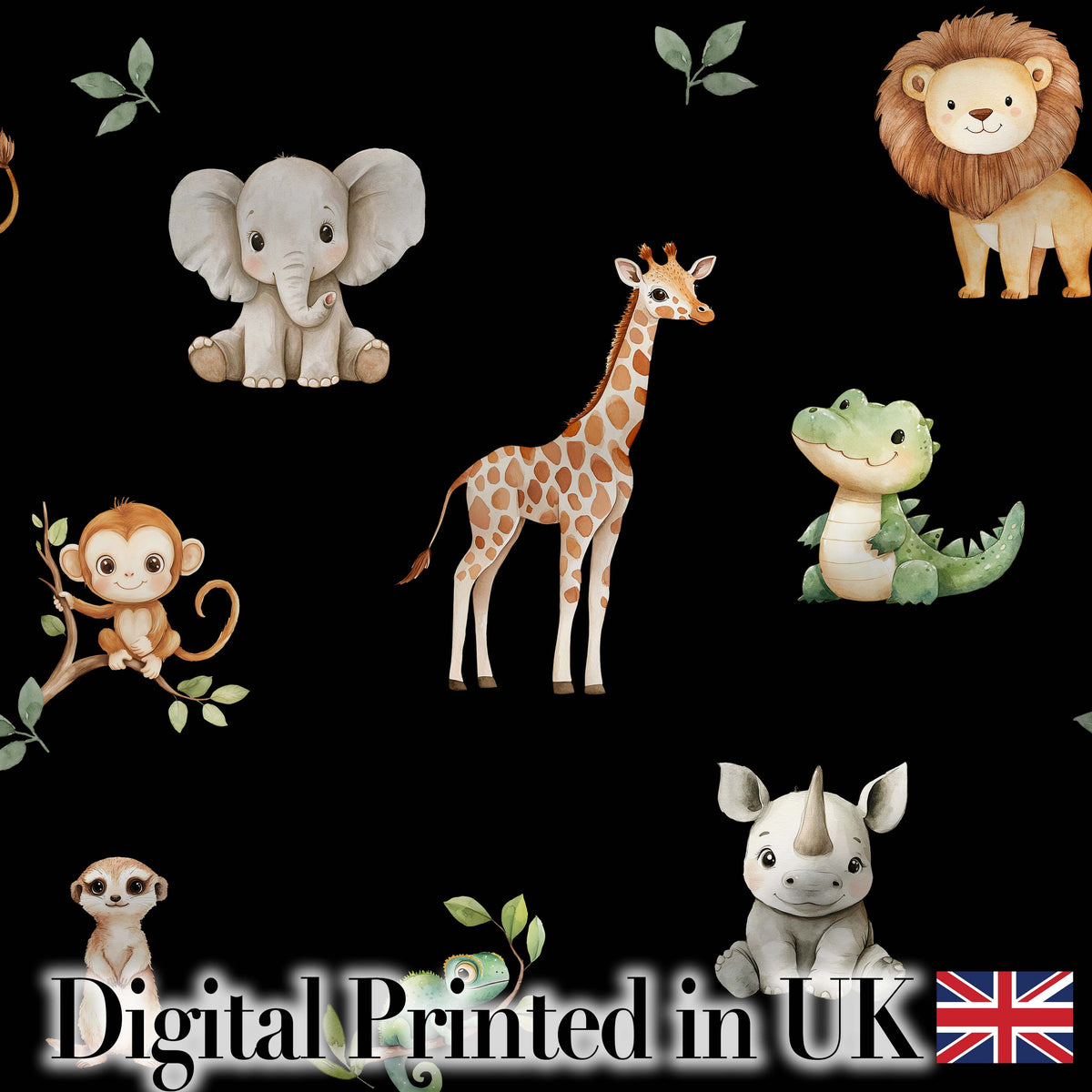 Safari Animals with Elephant Lion and Crocodile on Black Background Digital Print Fabric by the Metre UK Sewing Quilting Textile