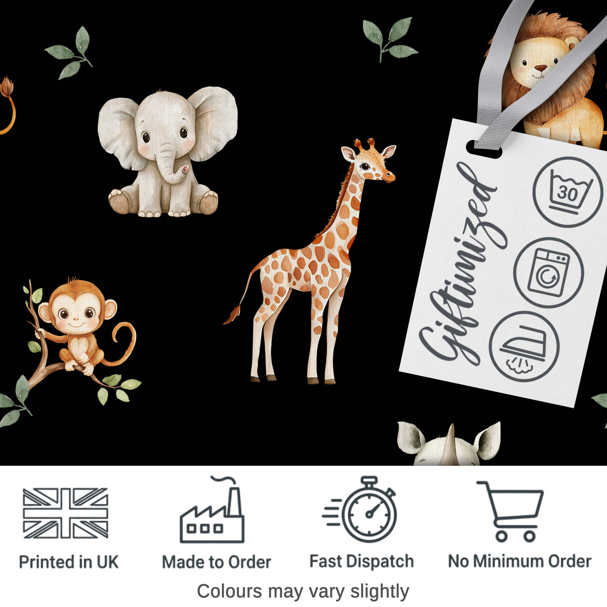 Safari Animals with Elephant Lion and Crocodile on Black Background Digital Print Fabric by the Metre UK Sewing Quilting Textile